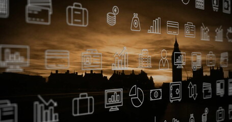 Projecting grid of finance icons like briefcase and bar chart over riverside city skyline at dusk