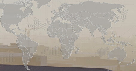 Showing stylized world map overlay spanning city skyline with hexagonal grid, crane, flat rooftops