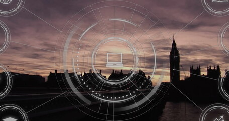 Displaying interface overlay with laptop icon at riverside dusk, featuring rings and radial lines