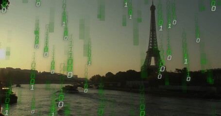 Riverboats floating on Seine in Paris, with Eiffel Tower silhouette under falling binary streams