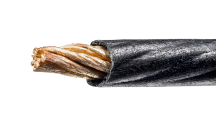 Damaged Electrical Wire Close Up View Copper Wires Black Insulation