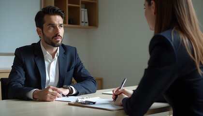 A man in a suit sitting at a desk with a woman in a professional setting
