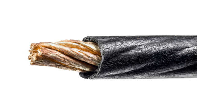 Damaged Electrical Wire Close Up View Copper Wires Black Insulation