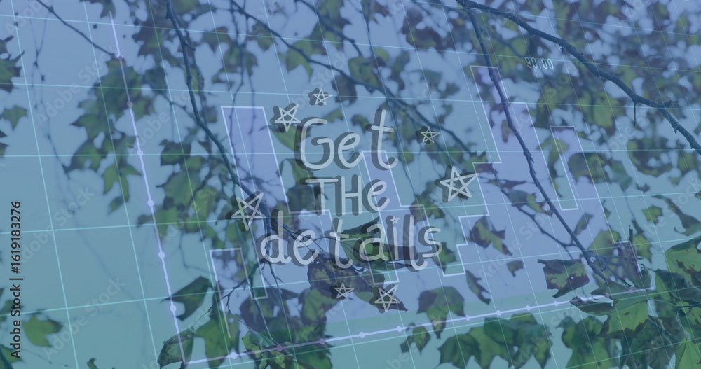 Poster showcasing white script text floating over tree canopy with blue grid overlay and star doodles
