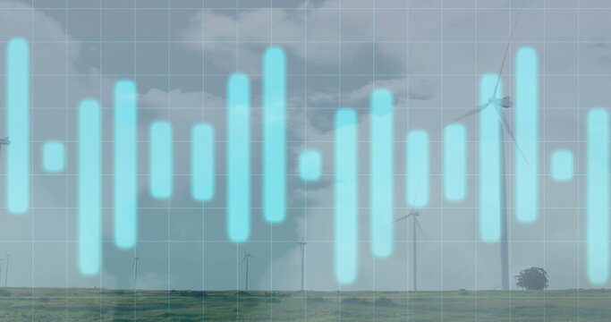 Displaying turquoise vertical bars rising over rural grassland wind farm, with grid and turbines