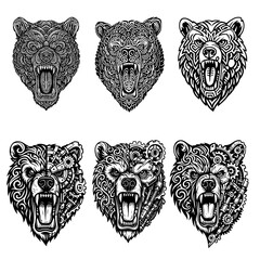 Set of Tribal and Mecha Bear Head Illustrations – Black and White Line Art