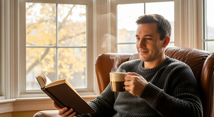 Content man relaxing in a leather armchair with a book and hot coffee by a window on an autumn day.