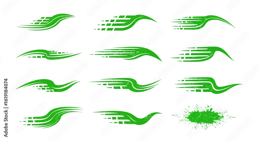 Poster dynamic set of green abstract vector elements featuring distressed speed lines and flowing graphic s