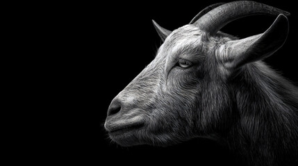 Dramatic black and white close-up portrait of a goat in profile on a black background