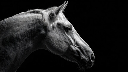 Striking black and white horse portrait in profile, detailed textures and dramatic lighting