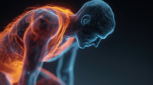 Overlay of fading metabolic rate visuals on human figure illustrating fatigue and decreased physiological processes.