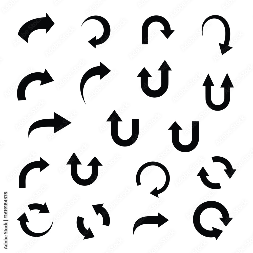 Poster vector art of a collection of black arrows in various shapes and directions, including circular and 