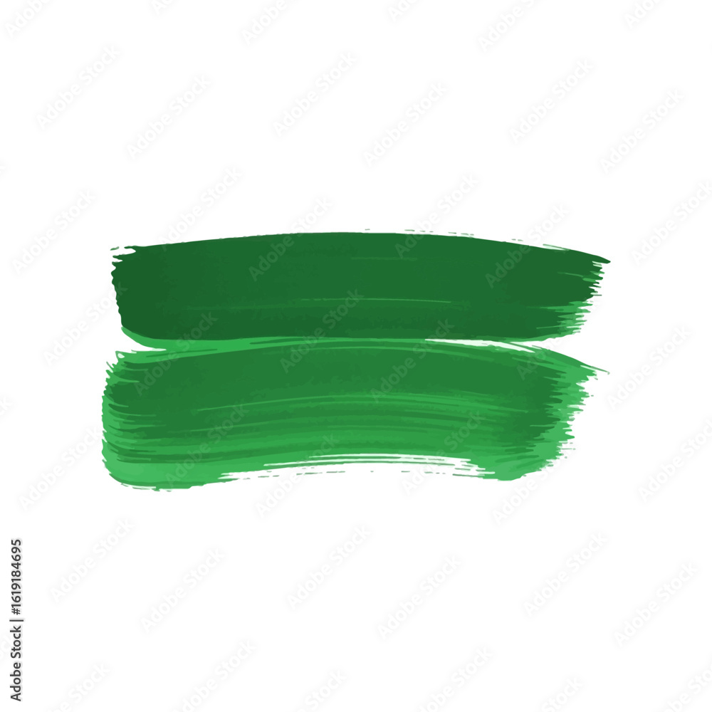 Poster two vibrant green paint brush strokes create a dynamic horizontal abstract design isolated on a clea