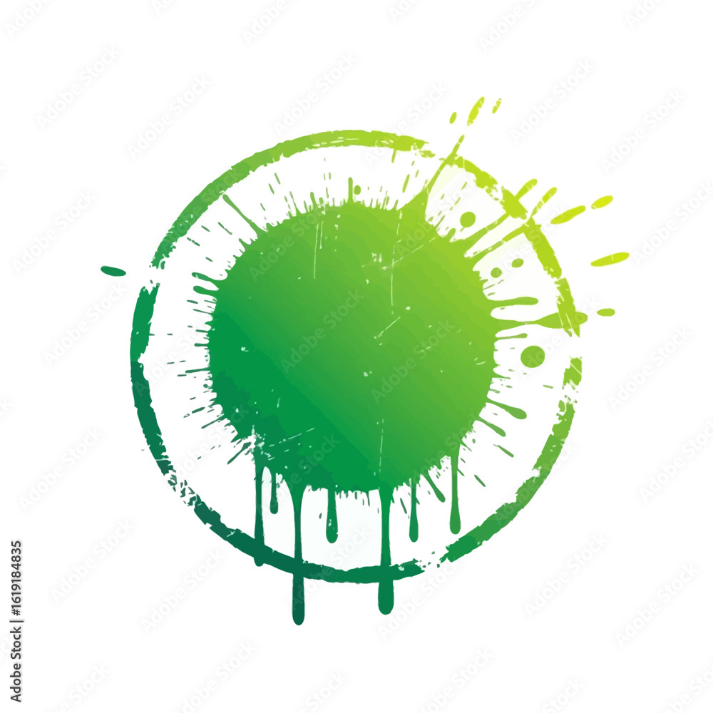 Poster vibrant green paint splatter forms a dynamic circular grunge design with artistic drips and distress
