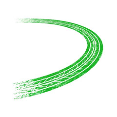 Vibrant green curved tire track illustration with distressed grunge texture on a clean white background, depicting automotive movement.