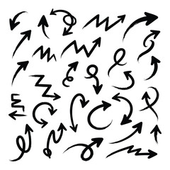 Vector art of a variety of handdrawn black arrows and pointers in different styles on a white background