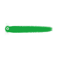 Vibrant green textured brush stroke with an abstract circular design element and paint splatters on a clean white background