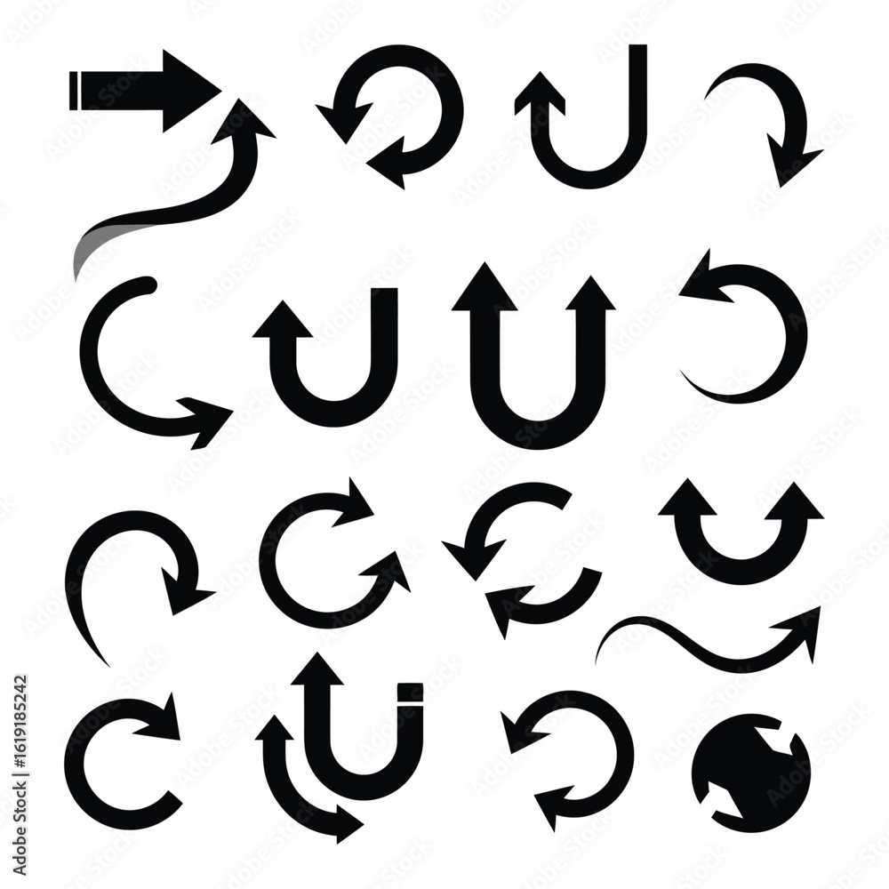 Poster vector art of a collection of various black arrows indicating circular movement and direction