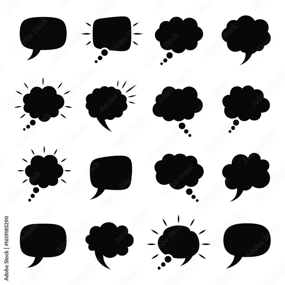 Poster vector art of a collection of black speech and thought bubbles in various shapes and styles