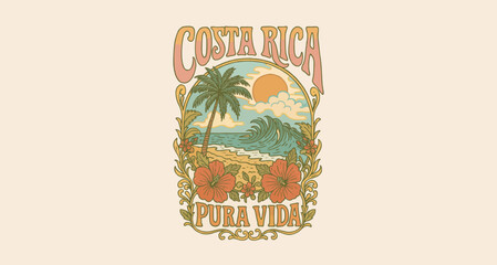 Vintage Costa Rica vector artwork featuring tropical beach, palm tree, hibiscus flowers, ocean waves, and sunset. Ideal for travel posters, t-shirt, surf culture, apparel and vacation graphics.

