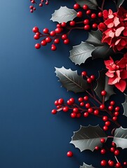 Red holly berry branches and leaves on a bold dark blue background with white flakes. Winter holiday decoration for a festive Christmas greeting card design.