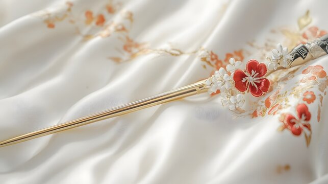 Exquisite Craftsmanship: A Golden Korean Binyeo Hairpin with Delicate Blossoms Resting on Elegant Silk Fabric