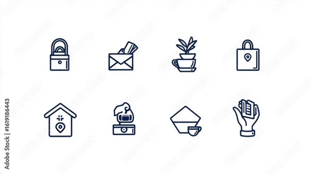 Poster a set of minimalist icons representing various aspects of security communication technology home and