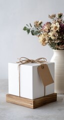 A simply wrapped white gift box sits on a light wood base, next to a vase of dried flowers against a white backdrop.  The gift is tied with twine and a blank tag