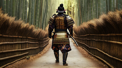 Japanese warrior in traditional armor walking down bamboo alley