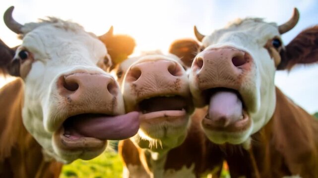Close Up Portrait of Three Brown and White Cows Sticking Out Tongues in a Sunny Green Pasture