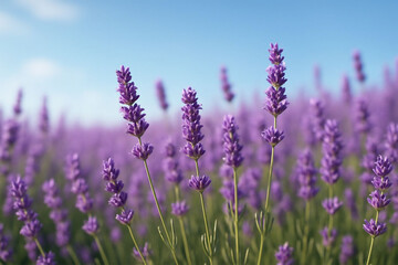 Obraz premium Close up of blooming lavender flowers in a field under a clear blue sky