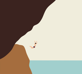 Naklejka premium Man cliff jumping into the ocean. Summer joy, Fun activity adventure lifestyle. Freedom, risk and challenge 