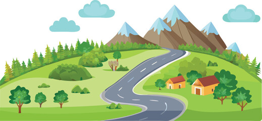 Fototapeta premium landscape with trees rural cartoon house scene scenery