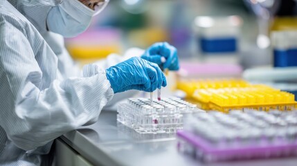 Technician in protective gear systematically sorting and labeling biological samples at a clean lab bench preparing them for molecular testing.
