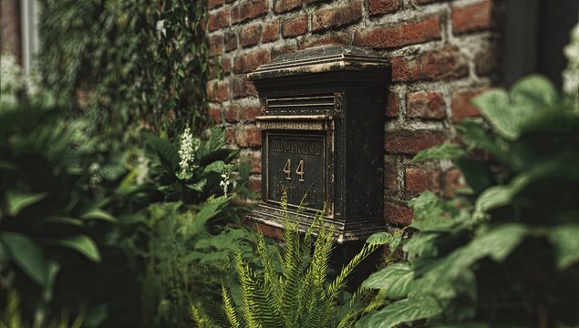 Weathered dark mailbox, number 44, mounted on a red brick wall, partially obscured by lush green foliage