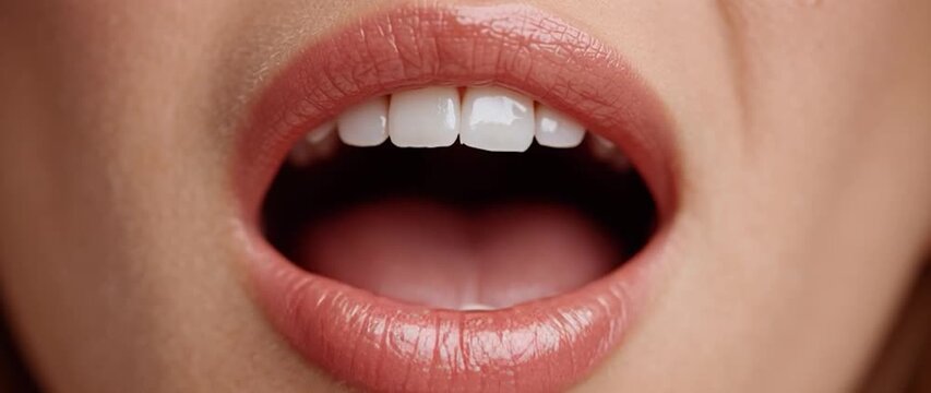 Anamorphic video Close-Up of Woman's Open Mouth with Healthy Teeth. Ideal for themes related to dentistry, beauty, health, communication