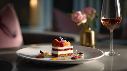 Fototapeta premium Gourmet layered dessert cake with berries, peach, edible flowers and artistic sauces on white plate