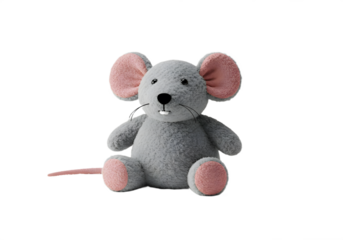 A plush gray mouse with pink ears and paws sits on a white surface