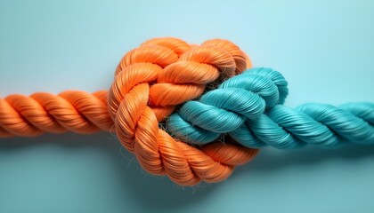 A strong bond of partnership and connection, represented by two colorful ropes, orange and blue, tied together in a secure heart-shaped knot.