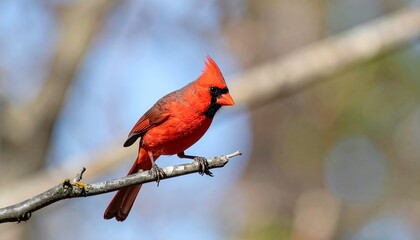 Vibrant Red Cardinal Perched on Branch with Watching, Nature Portrait, and Blurred Background.
