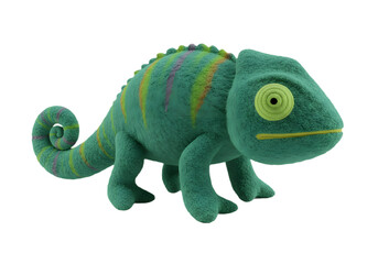 Naklejka premium A plush green chameleon toy with a curled tail sits on a light grey surface It has stripes of different colors along its back