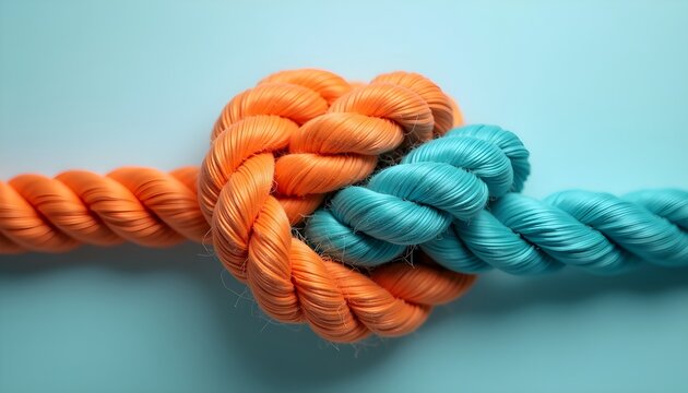 A strong bond of partnership and connection, represented by two colorful ropes, orange and blue, tied together in a secure heart-shaped knot.
