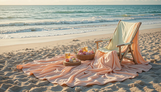Relaxing beach picnic setup with fruit basket and juice on soft blanket at sunset, cozy vacation mood by the sea with deck chair and peaceful waves
 - Powered by Adobe