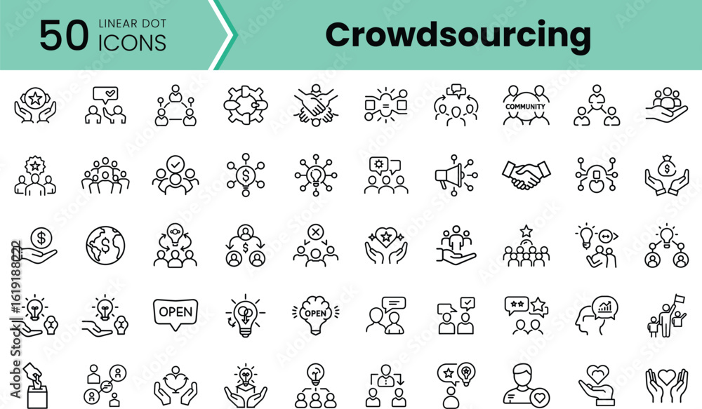 Aufkleber a collection of 50 linear dot icons representing various aspects of crowdsourcing, teamwork, and com