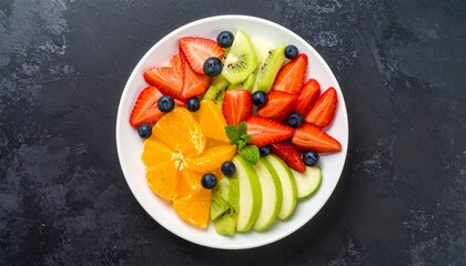 Sliced strawberries, blueberries, oranges, and green apple arranged in a white ceramic dish