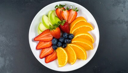 Sliced strawberries, blueberries, oranges, and green apple arranged in a white ceramic dish