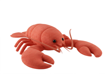 A plush red lobster toy sits on a white surface with simple cartoonish features