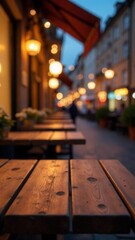 Blank wooden table top on blurred european city morning cafe mockup background, evening. empty old wooden table with interior restaurant in soft focus in the background.