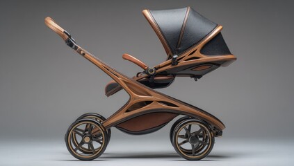 Sleek, wooden baby stroller with a dark leatherette carrycot attached, showcasing its luxurious design and sophisticated craftsmanship