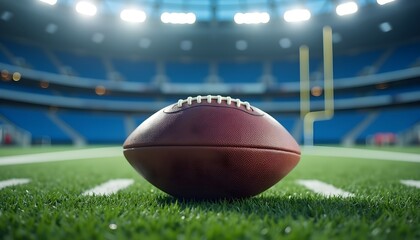 A close-up of an american football on a football field with a stadium in the background